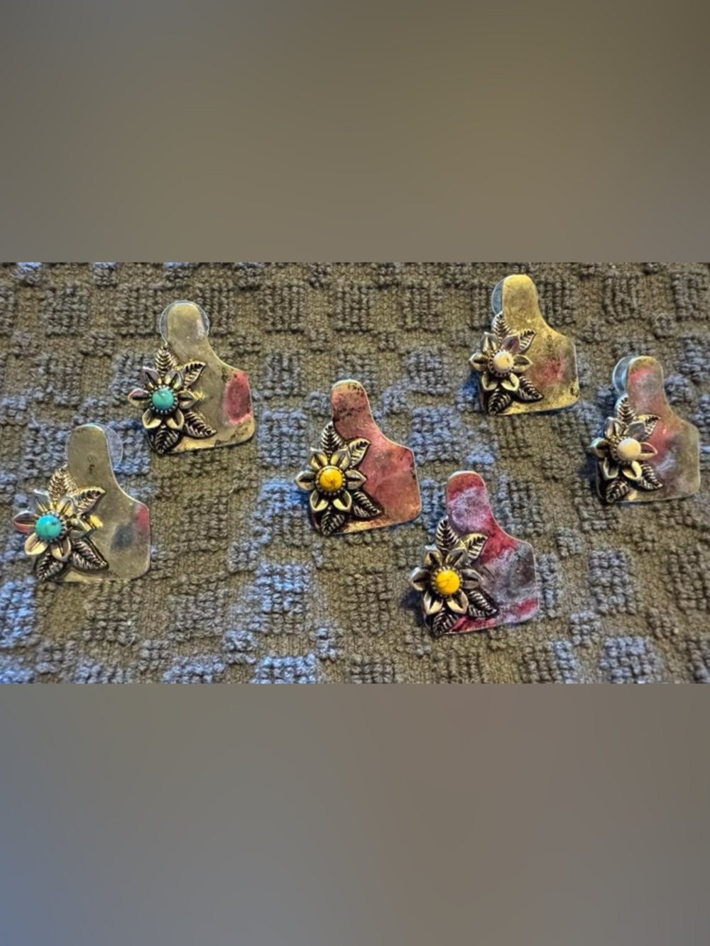 Cow Tag w/Floral Accent studs- Turquoise, White & Yellow Stone